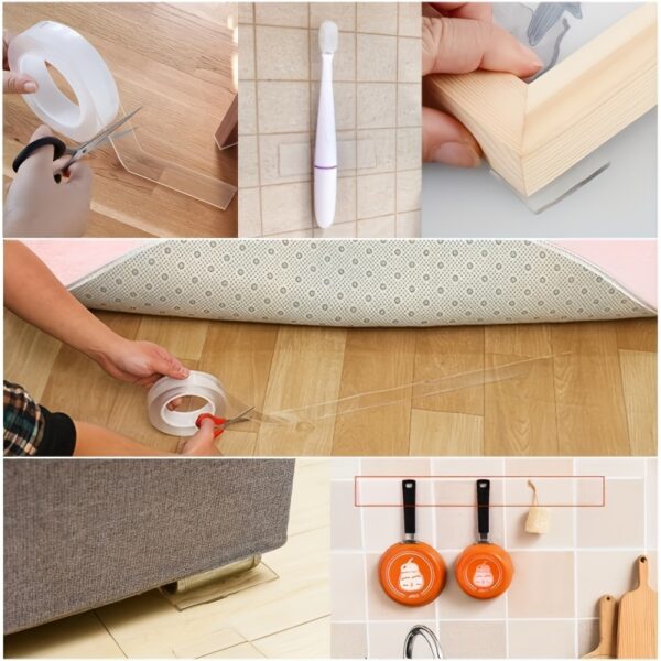 [Double-Sided Tape for Multi-Purpose Use] Reusable & Washable Nano Double-Sided Tape - Transparent, Multi-Purpose Adhesive for Home, Kitchen, Bathroom, Office & Car Use