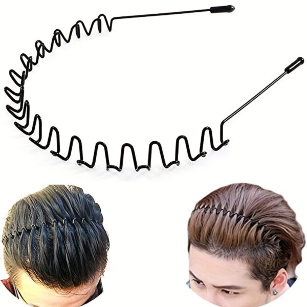 Non-Slip Elastic Black Wavy Metal Headband - Hair Band for Outdoor Sports & Fashion Accessory, Men's Spring Hair Clip - Image 2