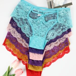 6-Pack Women's Sexy Low-Rise Lace Briefs - Sheer Floral Print, Hollow-Out Design, Soft & Comfortable Underwear in Assorted Colors (Green, Black, Pink, Blue, Red)