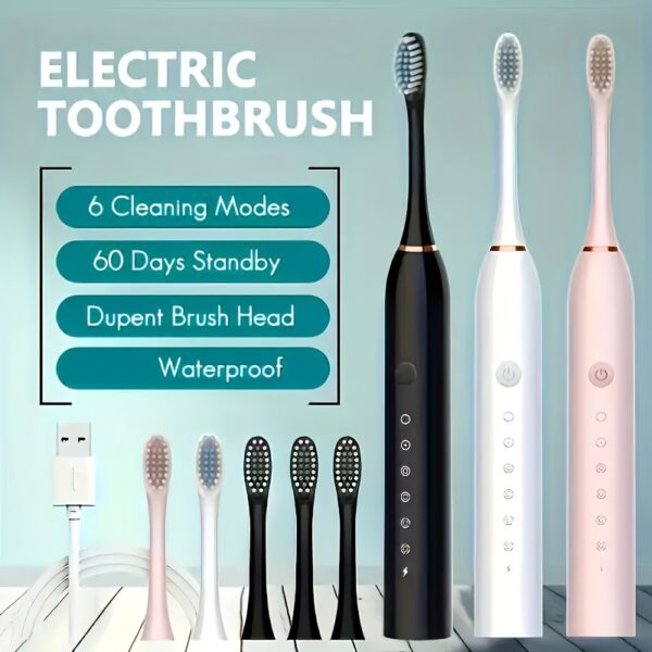 8pcs Adult Sonic Electric Toothbrush Set, IPX7 Waterproof, 6 Smart Modes, 8 Replacement Heads, USB Rechargeable with Lithium Battery, 300mAh, <36V, Suitable for Sensitive Teeth and Gums, Soft Bristles, 2-Minute Timer & 30-Second Interval Reminder - Image 5