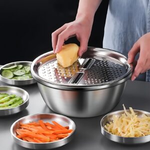 Three-piece stainless steel grater drain basin, integrated grinder, multi-function filter and mixing bowl - perfect for cleaning and slicing fruits, vegetables, cheeses | Food Safety & Drainage, perfect for home cooking, kitchen grinder