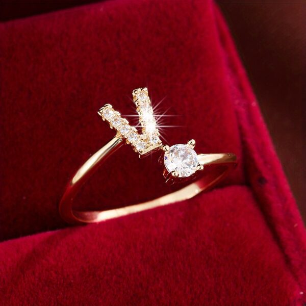 Adjustable Copper Ring With Four-claw Round Zirconia, Featuring The 26 English Letters Of Fashion Trend. - Image 34