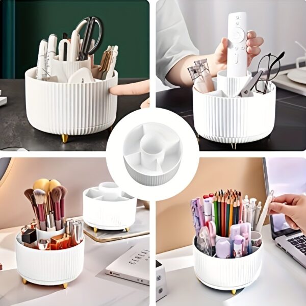 360° Rotating Makeup Organizer - 1pc Plastic Cosmetic Storage with 5 Compartments - Multi-Functional Holder for Brushes, Lipsticks, Skin Care Products, and Stationery - Durable Unscented Desk Caddy with Luxury Stripe Design - Image 8