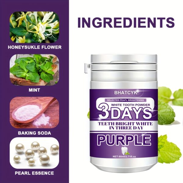 Purple Teeth Whitening Powder, Deep Cleaning Formula, Fresh Mint Flavor For Daily Oral Care, Travel Size - Image 6