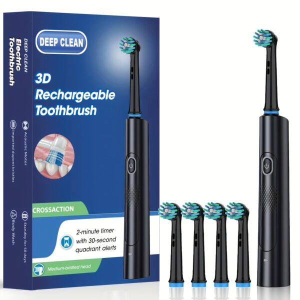 Rechargeable Automatic Smart Toothbrush for Adults - 5 Cleaning Modes, 8 Replacement Heads, USB Charging, 600mAh Lithium Battery, Ideal for Home & Travel, Perfect Gift for Students, Men, Women, Couples - Black - Image 5