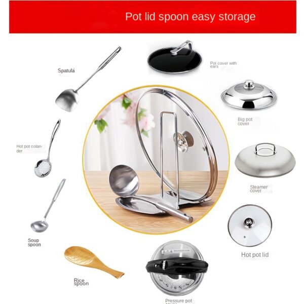 1pc Stainless Steel Pot Lid Rack Shelf with Drain Tray Bracket - Free Punching Soup Spoon Rack with Removable Shelf - Kitchen Accessories for Easy Pot Cover Storage and Drainage - Image 8