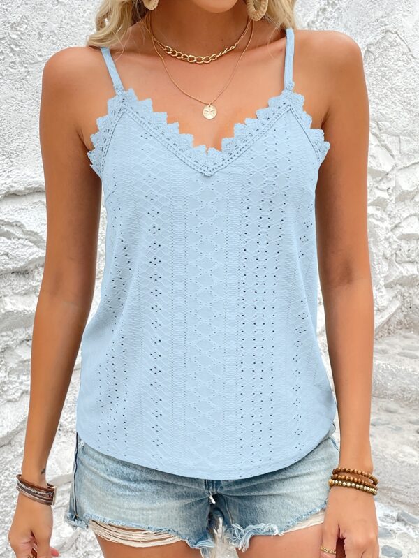 Eyelet Contrast Lace Cami Top, Casual V-neck Spaghetti Strap Top For Summer, Women's Clothing For Coquette/Cute/Y2K Style - Image 10