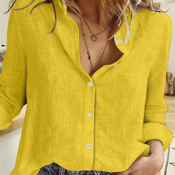 Women's Light Blue Linen Shirt - Elegant Casual Loose Fit Long Sleeve Blouse with V-Neck & Semi-Sheer Design, Machine Washable Spring/Fall Top for Casual or Formal Outfits, Fall Wardrobe, Relaxed Style, Breathable Fabric, Versatile Clothing, Stylish Outfi - Image 15