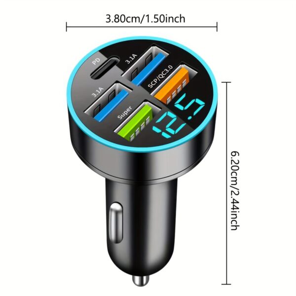 Car Charger 5 Ports USB Super Fast Charging Intelligent Phone Charging Voltage Detection Digital Display Car Adapter Mobile Phone Charger - Image 2