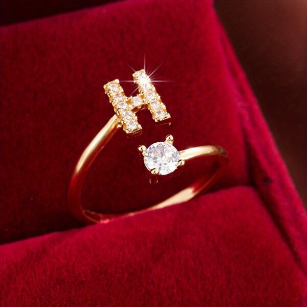 Adjustable Copper Ring With Four-claw Round Zirconia, Featuring The 26 English Letters Of Fashion Trend. - Image 22