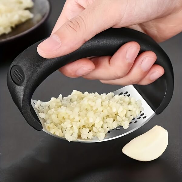 Stainless Steel Manual Garlic Press with Ergonomic Black Handle - Multi-Functional Kitchen Tool for Crushing Garlic, No Electricity Needed, Durable & Easy to Clean, Garlic Crusher - Image 3
