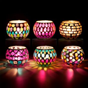 6-Piece Mosaic Glass Votive Candleholder Set - Handmade Stained Glass Tealight Holders for Tabletop Decor, Ideal for Christmas, Thanksgiving, Father's Day, Mother's Day & Graduation