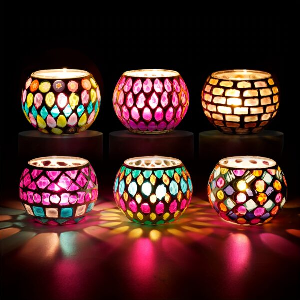 6-Piece Mosaic Glass Votive Candleholder Set - Handmade Stained Glass Tealight Holders for Tabletop Decor, Ideal for Christmas, Thanksgiving, Father's Day, Mother's Day & Graduation