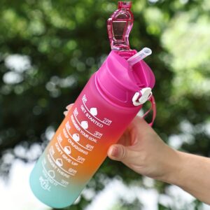 1pc Rainbow Color Sports Water Bottle 32 Oz/1 Liter, Motivational Tracking Water Bottle With Time Marker And Portable Rope, Straight Drinking Bottle, Gift