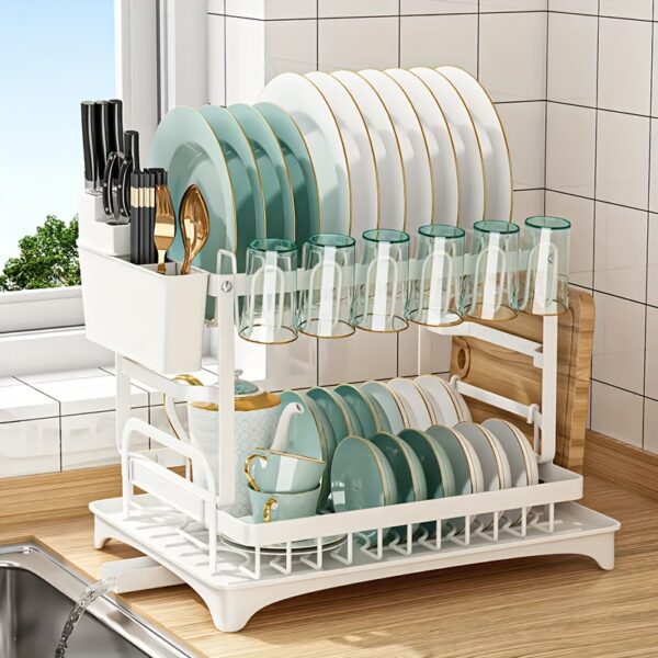 1pc Dish Drying Rack for Kitchen Counter Over The Sink, Detachable Larger Capacity 2-Tier Dish Drying Rack Drainboard with Double-Layer Bowl Rack, Cup Rack, Drain Board, Sticky Board Rack, Cutlery Rack, Black & White - Image 22