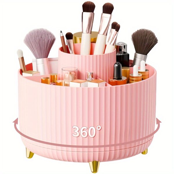 360° Rotating Makeup Organizer - 1pc Plastic Cosmetic Storage with 5 Compartments - Multi-Functional Holder for Brushes, Lipsticks, Skin Care Products, and Stationery - Durable Unscented Desk Caddy with Luxury Stripe Design - Image 6
