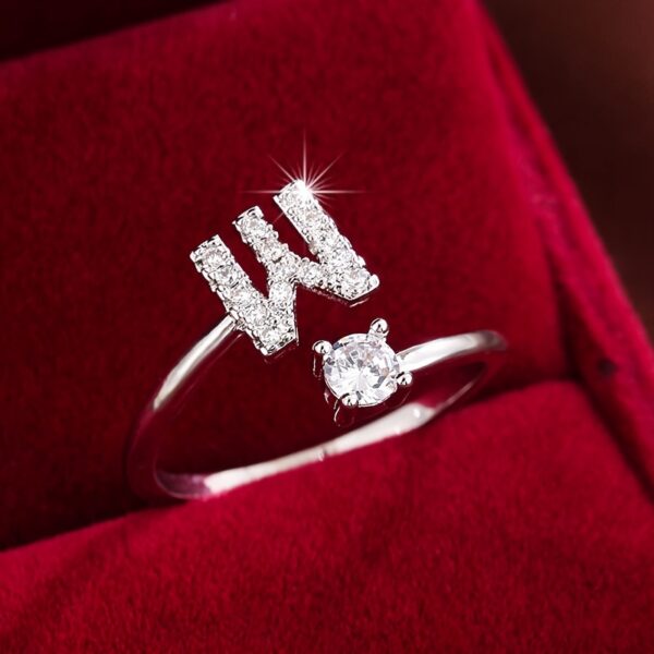 Adjustable Copper Ring With Four-claw Round Zirconia, Featuring The 26 English Letters Of Fashion Trend. - Image 2