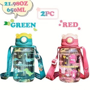 2pcs 20.98OZ/650ML Round Plastic Cartoon Bear Water Cup, Hand Wash, Leak-Proof, Bpa Free, with Straw and Detachable Shoulder Strap, Perfect for School, Travel, Outdoor Activities, Running, Christmas, Easter, Thanksgiving, Graduation, Juneteenth, Daily Use