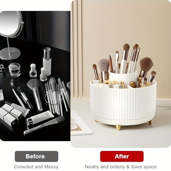 360° Rotating Makeup Organizer - 1pc Plastic Cosmetic Storage with 5 Compartments - Multi-Functional Holder for Brushes, Lipsticks, Skin Care Products, and Stationery - Durable Unscented Desk Caddy with Luxury Stripe Design - Image 2