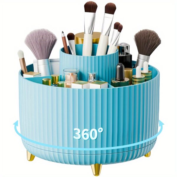 360° Rotating Makeup Organizer - 1pc Plastic Cosmetic Storage with 5 Compartments - Multi-Functional Holder for Brushes, Lipsticks, Skin Care Products, and Stationery - Durable Unscented Desk Caddy with Luxury Stripe Design - Image 9