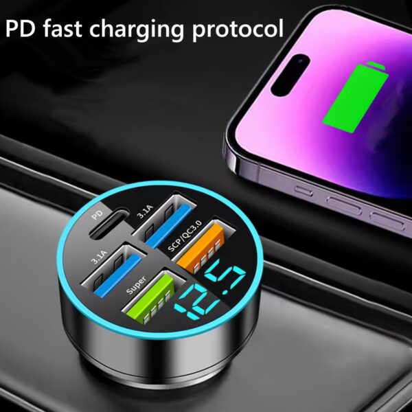 Car Charger 5 Ports USB Super Fast Charging Intelligent Phone Charging Voltage Detection Digital Display Car Adapter Mobile Phone Charger - Image 7