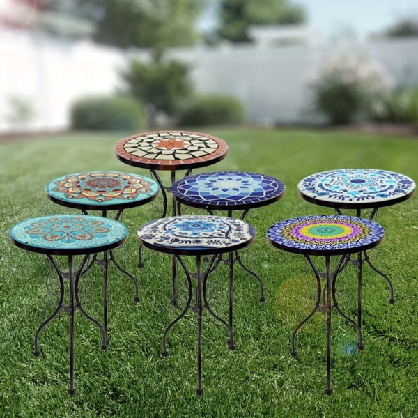 Glass Top Round Pedestal Table Set for Outdoor Patio Balcony - Decorative Mosaic Design, Durable Stained Glass Coffee Tables