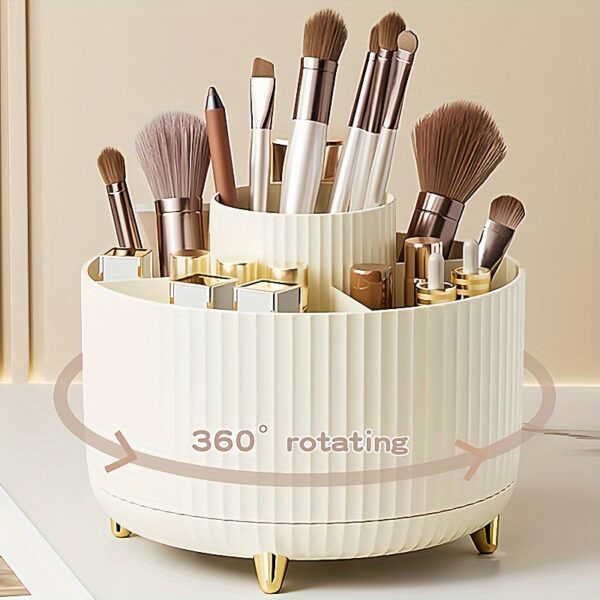 360° Rotating Makeup Organizer - 1pc Plastic Cosmetic Storage with 5 Compartments - Multi-Functional Holder for Brushes, Lipsticks, Skin Care Products, and Stationery - Durable Unscented Desk Caddy with Luxury Stripe Design - Image 7