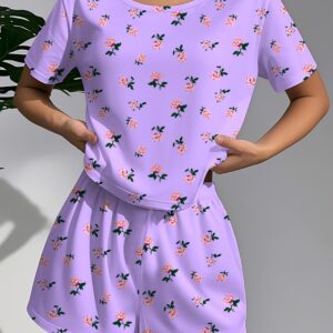 Women's Pajama Set, Casual Minimalist Floral Theme, Soft Loose Short Sleeve Top with Elastic Shorts, Machine Washable and Dry Cleanable, Perfect Sleepwear Choice