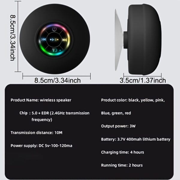 Popular Choice] Portable Wireless Speaker with Suction Cup - USB Rechargeable, 2-Hour Playtime, Parties, Bathroom, Travel & Outdoor,RGB Lighting Bathroom Suction Cup Wireless Speaker, HD Sound Quality - Image 8