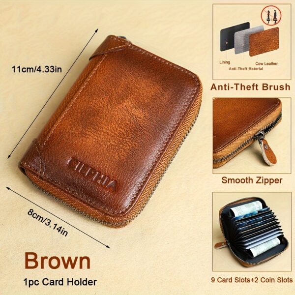 1pc CIEPHIA Vintage Genuine Leather RFID Blocking Wallet for Men - Slim, Multi-Functional ID & Credit Card Holder, Deep Brown with Embossed Logo, Ideal Gift for Valentine's Day - Image 3