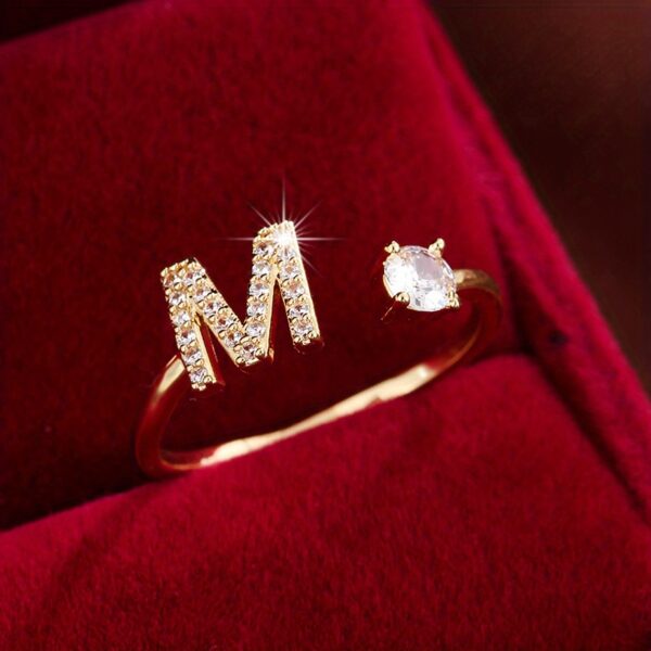 Adjustable Copper Ring With Four-claw Round Zirconia, Featuring The 26 English Letters Of Fashion Trend. - Image 3
