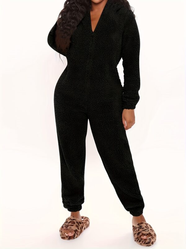 Fuzzy Hooded Pajama Jumpsuit For Music Festival, Comfy & Cute Long Sleeve Zipper Pajamas, Women's Lingerie & Sleepwear - Image 7
