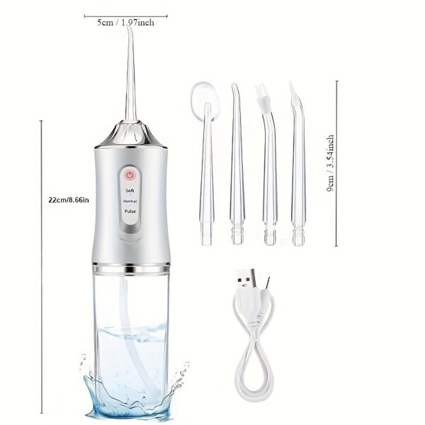 USB Rechargeable Electric Water Flosser for Teeth - Portable Dental Oral Irrigator with 5 Jet Tips, 3 Cleaning Modes, Lithium Polymer Battery, White & Golden Design, Water Flosser Teeth Cleaner - Image 4
