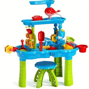 3-Tier Sand and Water Play Table - Durable PP Material, Blue, Dual-Use Sand and Water Activity Center for Outdoor Beach Fun, Perfect Creative Thinking Birthday Gift