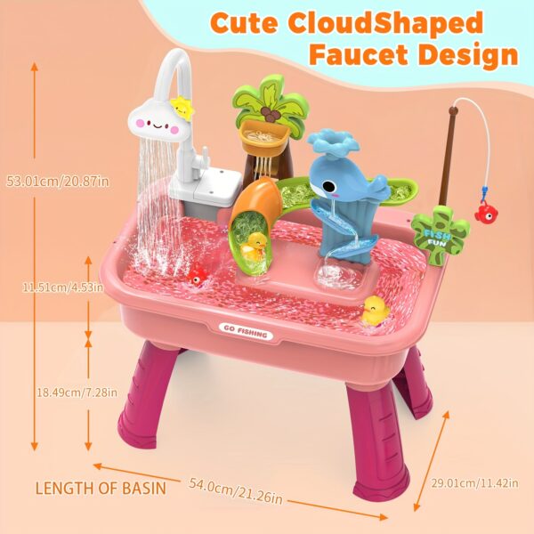 Water Table - Outdoor Sensory Play Table with Water Pump, Running Water Faucet & Sand Play Table, Role Play Table - Pink/Blue/Green - Image 2