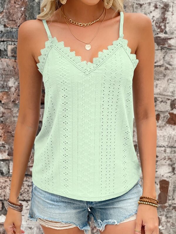 Eyelet Contrast Lace Cami Top, Casual V-neck Spaghetti Strap Top For Summer, Women's Clothing For Coquette/Cute/Y2K Style - Image 24