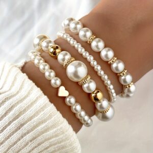 Elegant White 4pcs Faux Pearls Beaded Handmade Hand String Jewelry - Bracelet Set Accessory