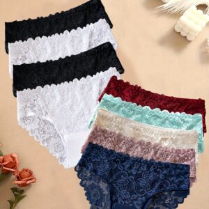 9pcs Women'S Lace Briefs - Elegant Floral Print Mid-Rise Panties with Comfortable Breathable Fabric, Comfortable for Casual Attire