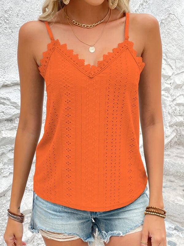 Eyelet Contrast Lace Cami Top, Casual V-neck Spaghetti Strap Top For Summer, Women's Clothing For Coquette/Cute/Y2K Style - Image 4