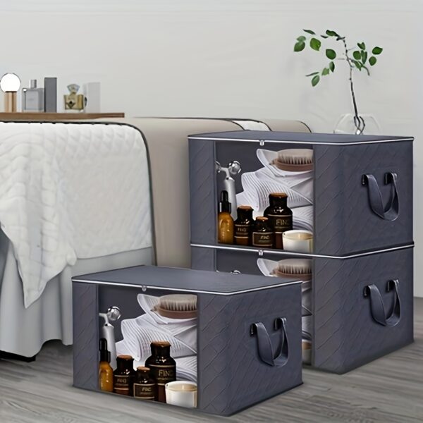 Large Capacity 3-Pack Foldable Grey Woven Fabric Storage Bins - Ideal for Home, Bedroom, Dorm, Spa Wardrobes - No Electricity Needed - Image 8