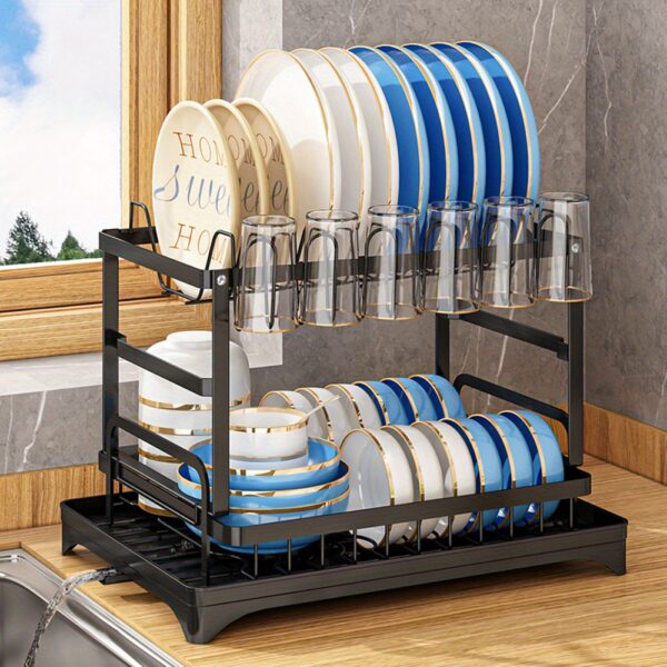 1pc Dish Drying Rack for Kitchen Counter Over The Sink, Detachable Larger Capacity 2-Tier Dish Drying Rack Drainboard with Double-Layer Bowl Rack, Cup Rack, Drain Board, Sticky Board Rack, Cutlery Rack, Black & White - Image 5
