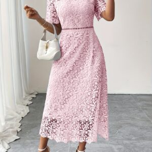Elegant Women'S Lace Dress - Blue Floral Pattern, Short Sleeve, Crew Neck, Knee-Length with Waistband and Hem Detail, Fashionable and Comfortable for All Seasons