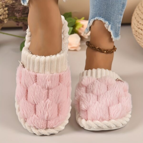 Colorblock Faux Fur Slippers, Casual Slip On Plush Lined Shoes, Comfortable Indoor Home Slippers - Image 4