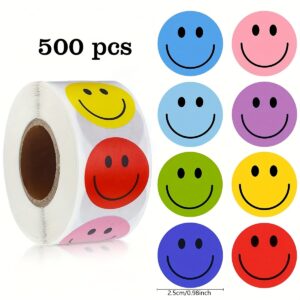 500 Colorful joyful Face Stickers - Round PVC Reward Stickers for DIY Crafts, Gift Wrapping & Shopping Bags (2.5cm Diameter, Assorted Colors)