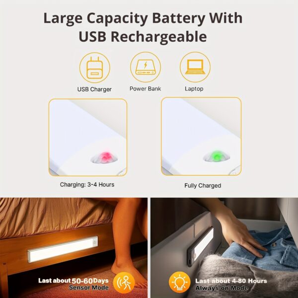 1pc KATHYLIGHT LED Motion Sensor Cabinet Light, Brushed Metal Strip Sconce with Voice Control, Wireless Magnetic USB Rechargeable, Auto-shut-off, Detachable Fixture, Plastic Shade, for Wardrobe, Closet, Kitchen, Stairs, Corridor, Shelf - 800mAh Lithium Ba - Image 4
