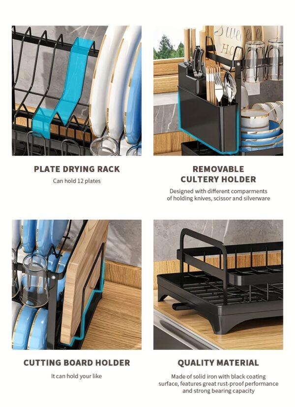 1pc Dish Drying Rack for Kitchen Counter Over The Sink, Detachable Larger Capacity 2-Tier Dish Drying Rack Drainboard with Double-Layer Bowl Rack, Cup Rack, Drain Board, Sticky Board Rack, Cutlery Rack, Black & White - Image 16