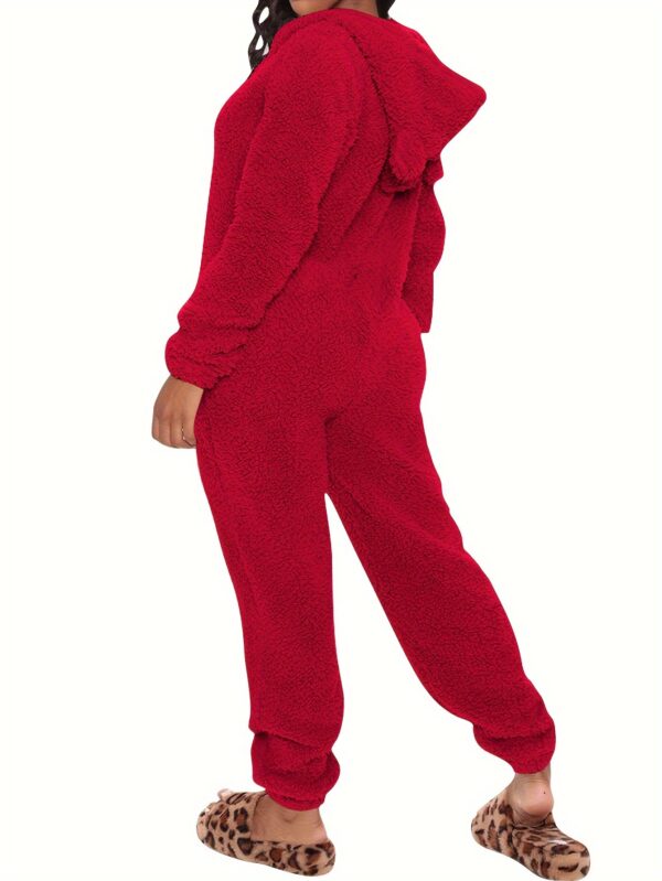 Fuzzy Hooded Pajama Jumpsuit For Music Festival, Comfy & Cute Long Sleeve Zipper Pajamas, Women's Lingerie & Sleepwear - Image 3