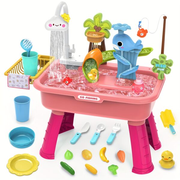 Water Table - Outdoor Sensory Play Table with Water Pump, Running Water Faucet & Sand Play Table, Role Play Table - Pink/Blue/Green