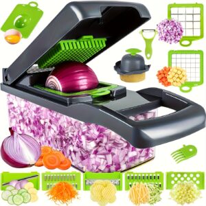 16pcs/Set Multifunctional Vegetable Chopper, Onion Mincer Cutter With Container, Interchangeable Blades, Household Potato Shredder, Fruit Slicer, Veggie Slicer, Kitchen Accessories