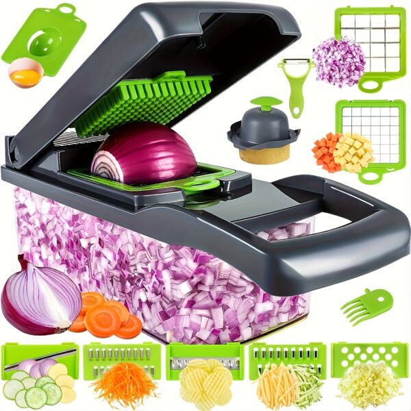 16pcs/Set Multifunctional Vegetable Chopper, Onion Mincer Cutter With Container, Interchangeable Blades, Household Potato Shredder, Fruit Slicer, Veggie Slicer, Kitchen Accessories